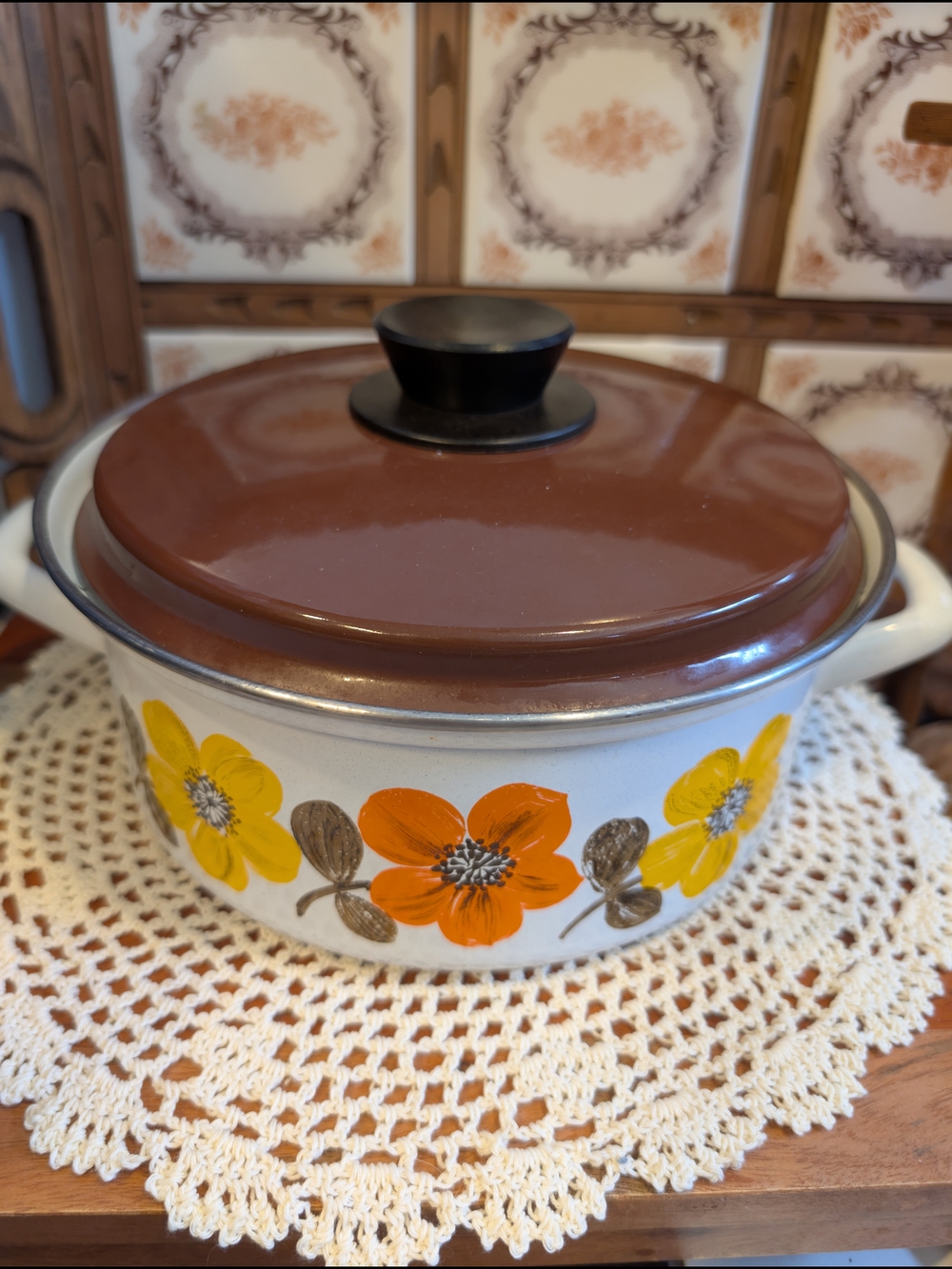 Vintage Floral Enamel Covered Casserole in Brown, Orange & Yellow Retro Austria